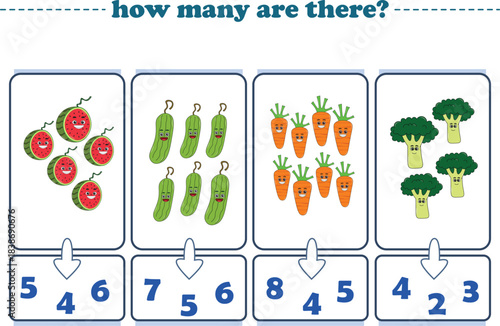 Counting game of fruits for preschool kids. Printable. Vector Illustration