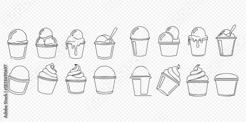 Set of hand-drawn ice cream cups and sundaes, a collection of sweet dessert illustrations.