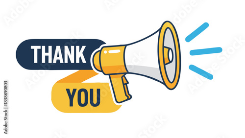 Illustration Of A Megaphone Announcing Thank You With Yellow And Blue Accents On Black Background And White Megaphone With Blue Sound Waves Radiating Outward