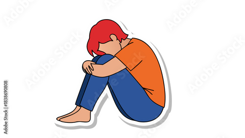 Illustration of a person with red hair curled up in a fetal position wearing an orange shirt and blue pants against a black background conveying sadness and isolation with simple clean lines and a
