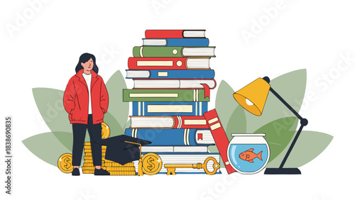Illustration of a Woman Standing Next to a Large Stack of Books with Coins and a Graduation Cap at Her Feet and a Fishbowl and Lamp Nearby on a Neutral Background with Green Leaf Accents