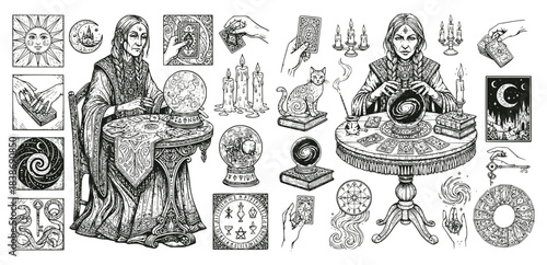 Large mystical set of fortune-telling and magic items: crystal balls, tarot readers, hands, candles, cats, sun, moon, and occult symbols. Engraving design pack.