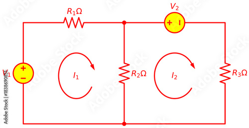 Dual Loop Electrical Circuit Diagram with Opposing Voltage Sources | KVL Mesh Analysis Illustration | Red Technical Engineering Schematic