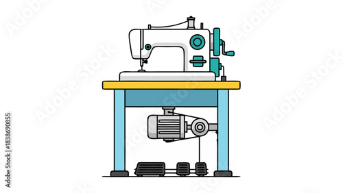 Industrial Sewing Machine on a Wooden Table with a Motor and Foot Pedals in a Flat Design Style Isolated on a Black Background