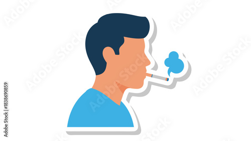 Illustration Profile of Man Smoking Cigarette with Blue Shirt and Dark Hair Exhaling White Smoke against Black Background