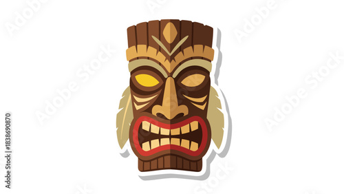 Intricate Carved Wooden Tiki Mask With Fierce Expression And Yellow Eyes Set Against A Dark Background Illuminated By Dramatic Lighting