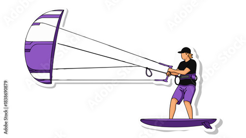 Kite Surfer Riding Board with Purple and White Sail on Black Background Dynamic Action Shot