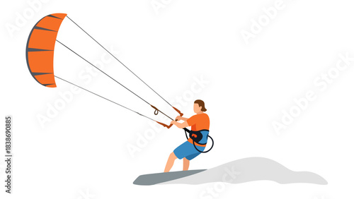 Kite Surfer Riding Water Wave In Orange Harness And Blue Shorts With Orange Kiteboard And Black Background