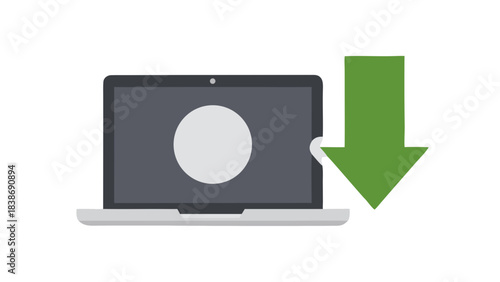 Laptop computer with a gray screen and a white circle icon displaying a downward green arrow indicating data download or reduction on a black background