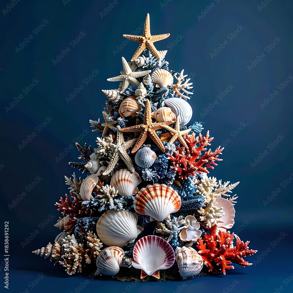 Obraz premium Christmas tree crafted from seashells and coral, set against a deep blue backdrop for a festive, oceanic display