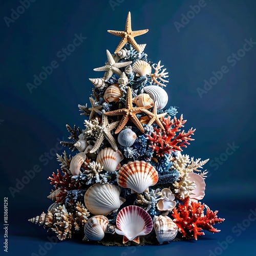 Christmas tree crafted from seashells and coral, set against a deep blue backdrop for a festive, oceanic display