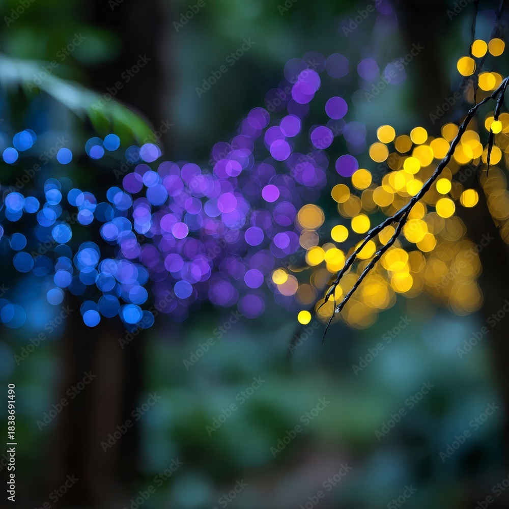 Obraz premium Out of focus blue and purple lights draped on a tree branch illuminated yellow lights
