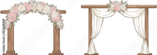 Wooden wedding arch with flower bouquet on top, 2 sets of cute pastel colored clip art. Vector design for cutout.
