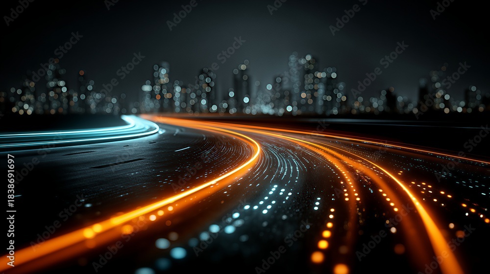 Fototapeta premium High-speed light trails and data stream highway at night, 3D abstract illustration for smart transportation, future technology, and 5G network connection concepts.