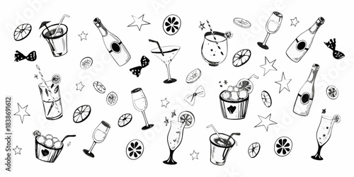 Sketch assortment of celebratory drinks citrus slices and decorative elements
