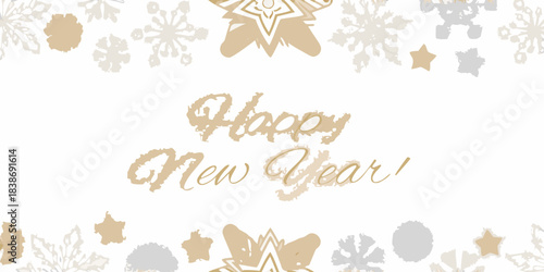 Festive new year greeting with snowflakes and elegant golden calligraphy