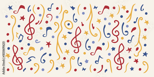 Colorful musical notes and symbols scattered across a light beige background