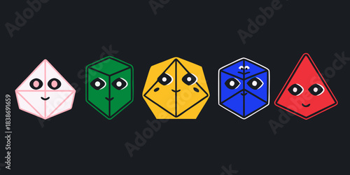 Colorful geometric shapes with smiling faces arranged in a horizontal row