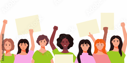 Diverse group of women protesting with raised fists and blank signs