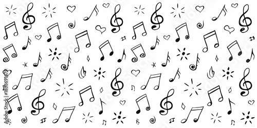 A seamless pattern of musical notes hearts and stars on a white background