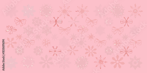 A delicate pink background adorned with snowflakes and bow patterns