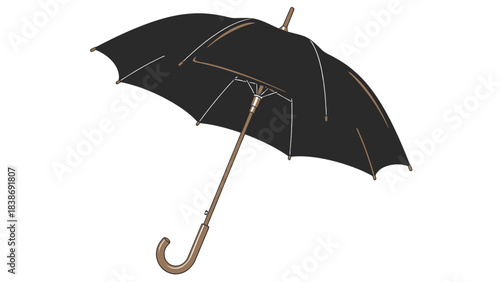 A black umbrella with a curved brown handle and exposed brown ribs