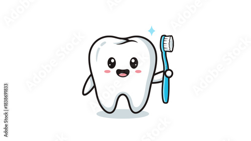 A cartoon white molar tooth character holding a blue toothbrush