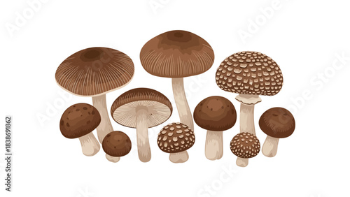 A cluster of brown stylized mushrooms with varied cap textures on a white background