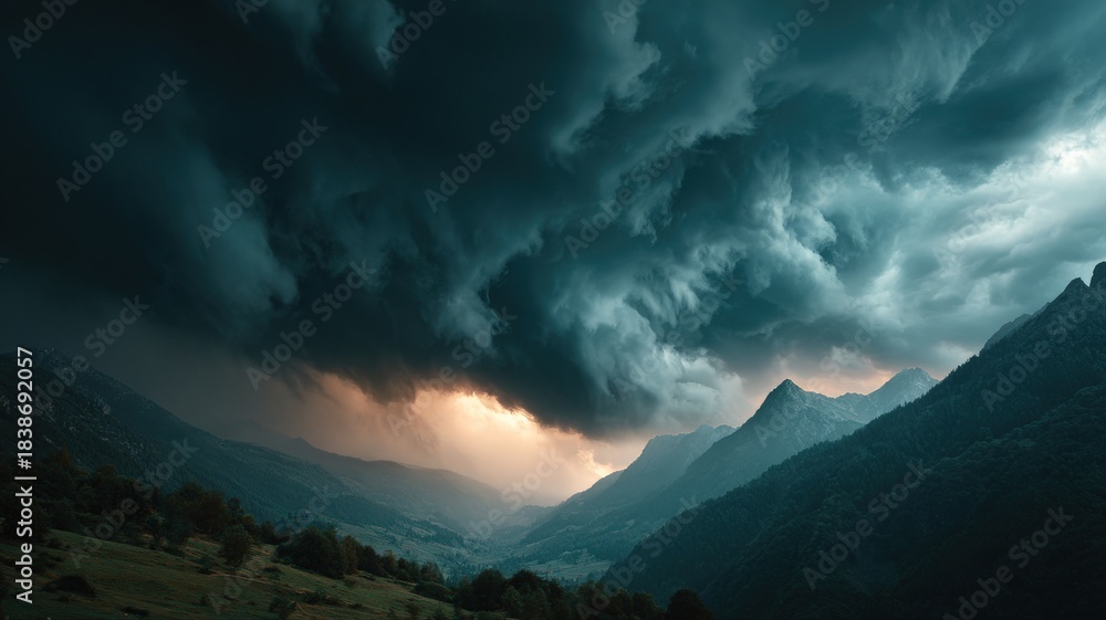 Obraz premium cinematic landscape with storm clouds racing over mountains, moody and powerful atmosphere