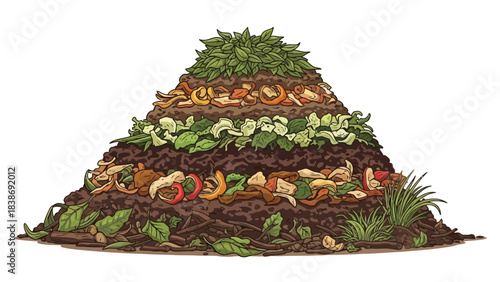 A layered illustration of a compost pile showing alternating layers of brown soil and organic matter