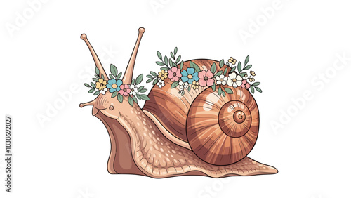 A pixelart snail with a crown of colorful flowers on its head and shell