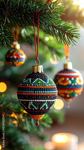 Christmas tree with intricate beaded ornaments, festive lights, soft focus background, and a warm, joyful ambiance