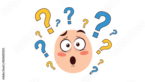 A surprised cartoon face surrounded by many blue and yellow question marks