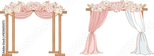 2 sets of cute wedding arch clip art, wooden arch with pink flowers and pink curtains, watercolor vector illustration isolated on white background