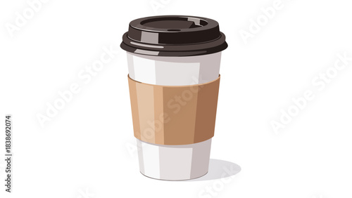 A white disposable coffee cup with a brown sleeve and dark lid on white background