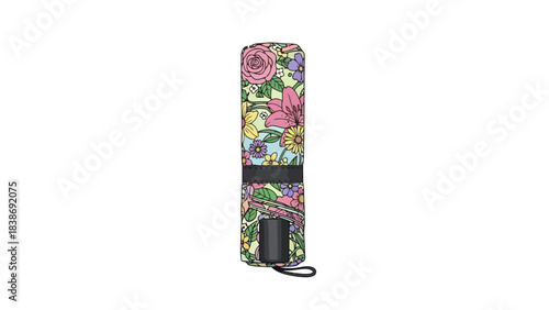 A vertically rolled floral patterned object likely an umbrella against a white background