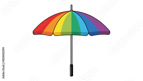 An open umbrella featuring a rainbowstriped canopy and a dark handle