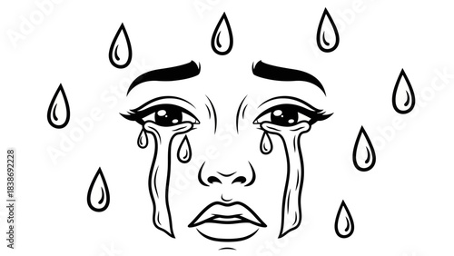 Black and white line art of a crying face surrounded by teardrops
