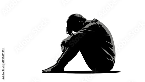 Black and white silhouette of a person sitting curled up