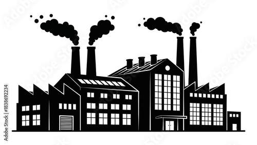 Black and white silhouette illustration of a large industrial factory complex with smoke stacks