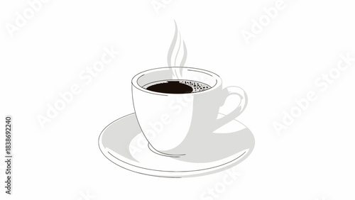 Black and white sketch of a steaming white coffee cup on a saucer