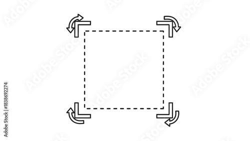 Black line art showing a dashed square frame with corner handles indicating rotation