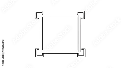 Black outline drawing of a square frame with ornate corner extensions