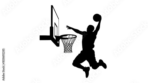 Black silhouette of a basketball player dunking over a hoop and backboard