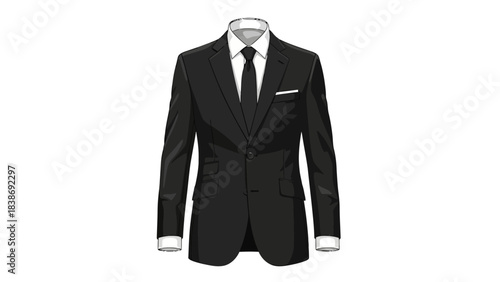 Black suit jacket with white shirt black tie and white pocket square