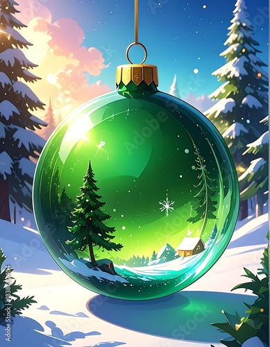 Christmas Winter snow scene encased in a giant green, glassy ornament, reflecting trees and a cozy cabin