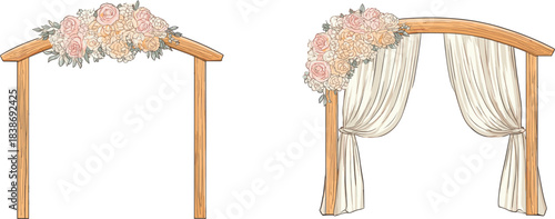 Cute frame design, Wooden wedding arch with flower bouquet and curtain, isolated on white background, pastel colors, vector graphic illustration