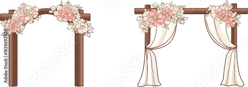 Cute wedding arches, 2 sets of wooden arches with pink flower bouquets and white curtains, vector graphic illustration isolated on white background