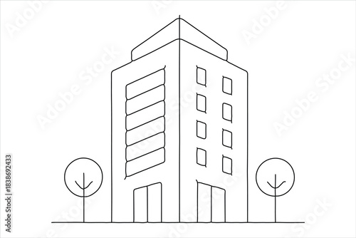 Simple office building one line art design, isolated on white
