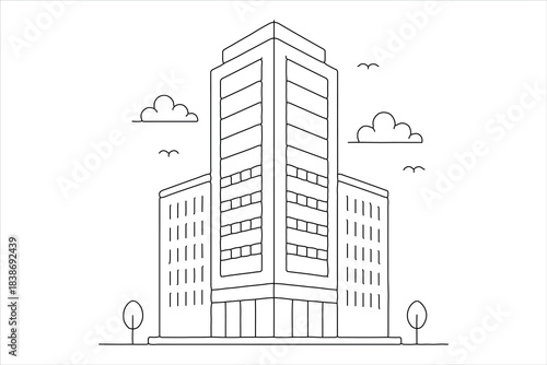 Urban office tower one line artwork, modern outline illustration